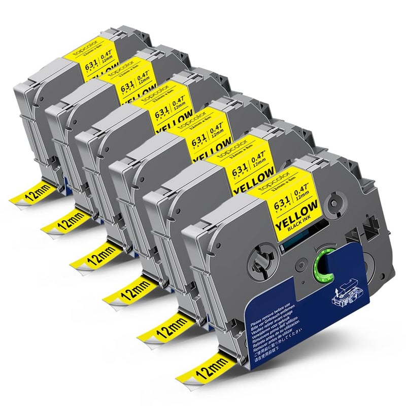 Topcolor 6-Pack Tze631 12mm 0.47 Laminated Yellow Label Tape Compatible for Brother Tze-631 Tze631 TZ-631 P Touch Label Tape Tz Tze 12mm 1/2"" Black on Yellow for PTD210 PTD220 PTD400 PT1290 PT2040 - Image 1